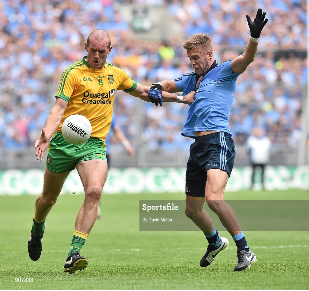 31 August 2014; Neil Gallagher, Donegal, in action against Jonny Cooper, Dublin. GAA Football All Ireland Senior Championship, Semi-Final, Dublin v Donegal, Croke Park, Dublin. Picture credit: David Maher / SPORTSFILE