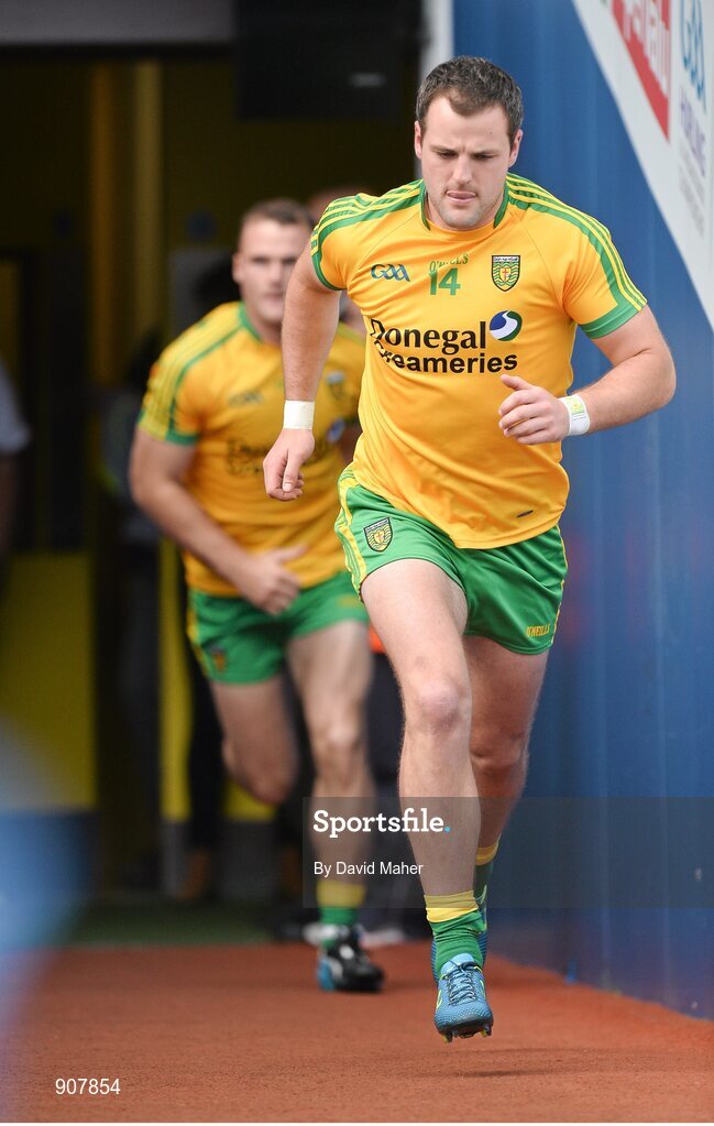 31 August 2014; Michael Murphy, Donegal captain, leads the Donegal team out for the start of the game. GAA Football All Ireland Senior Championship, Semi-Final, Dublin v Donegal, Croke Park, Dublin. Picture credit: David Maher / SPORTSFILE