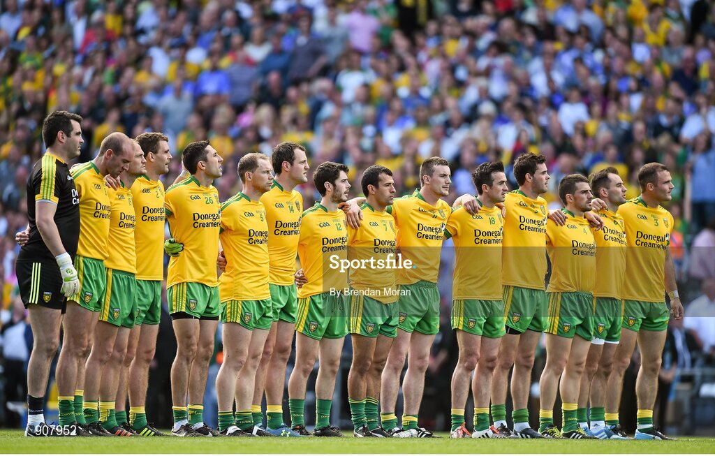 31 August 2014; The Donegal team stand for the national anthem before the game. GAA Football All Ireland Senior Championship, Semi-Final, Dublin v Donegal, Croke Park, Dublin. Picture credit: Brendan Moran / SPORTSFILE