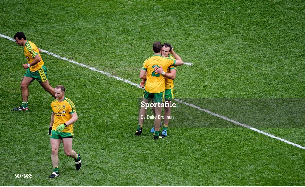 31 August 2014; Éamonn McGee, left, and Michael Murphy, Donegal, celebrate after the game. GAA Football All Ireland Senior Championship, Semi-Final, Dublin v Donegal, Croke Park, Dublin. Picture credit: Dáire Brennan / SPORTSFILE