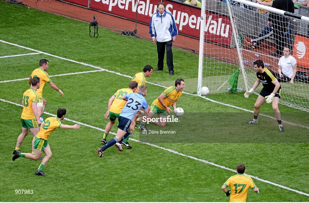 31 August 2014; Donegal captain Michael Murphy clears the ball from his goal-line in the final minute of the game. GAA Football All Ireland Senior Championship, Semi-Final, Dublin v Donegal, Croke Park, Dublin. Picture credit: Dáire Brennan / SPORTSFILE