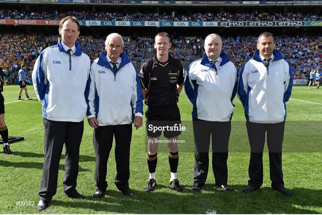 31 August 2014; Referee Joe McQuillan with umpires, from left, Ciaran Brady, Tommy O'Reilly, TP Gray and Jimmy Galligan. GAA Football All Ireland Senior Championship, Semi-Final, Dublin v Donegal, Croke Park, Dublin. Picture credit: Brendan Moran / SPORTSFILE