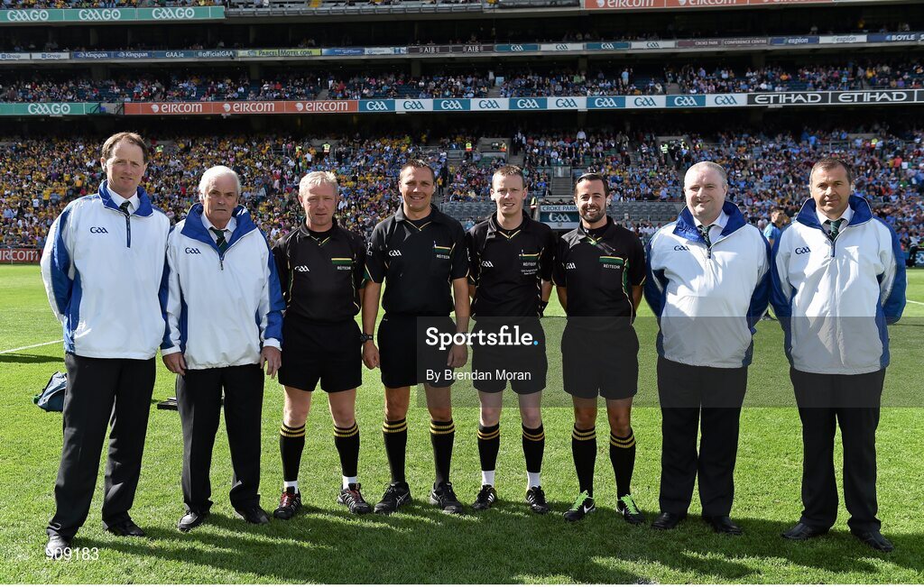 31 August 2014; Referee Joe McQuillan, 5th from left, with his match officials, from left, umpires Ciaran Brady and Tommy O'Reilly, sideline official Ciaran Brannigan, linesmen Rory Hickey and David Gough and umpires TP Gray and Jimmy Galligan. GAA Football All Ireland Senior Championship, Semi-Final, Dublin v Donegal, Croke Park, Dublin. Picture credit: Brendan Moran / SPORTSFILE