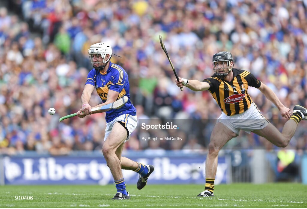 7 September 2014; Patrick Maher, Tipperary, scores his side's first goal despite the attempts of Jackie Tyrrell, Kilkenny. GAA Hurling All Ireland Senior Championship Final, Kilkenny v Tipperary. Croke Park, Dublin. Picture credit: Stephen McCarthy / SPORTSFILE