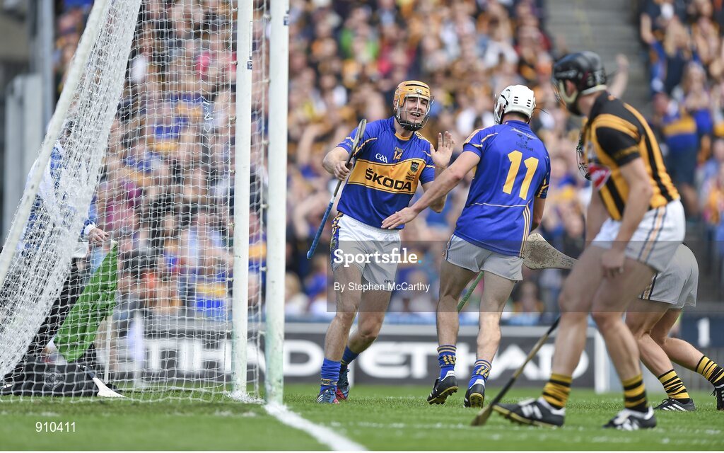 7 September 2014; Tipperary's Seamus Callanan, left, celebrates after team-mate Patrick Maher, 11, scored their side's first goal. GAA Hurling All Ireland Senior Championship Final, Kilkenny v Tipperary. Croke Park, Dublin. Picture credit: Stephen McCarthy / SPORTSFILE