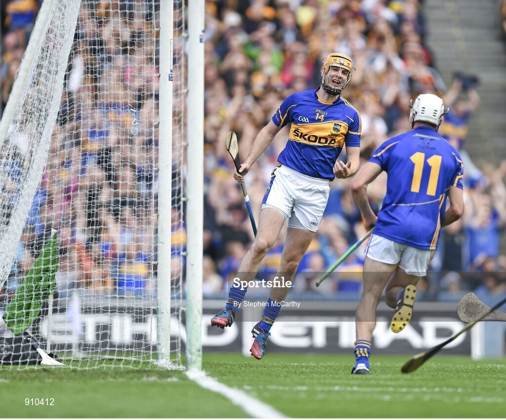 7 September 2014; Tipperary's Seamus Callanan, left, celebrates after team-mate Patrick Maher, 11, scored their side's first goal. GAA Hurling All Ireland Senior Championship Final, Kilkenny v Tipperary. Croke Park, Dublin. Picture credit: Stephen McCarthy / SPORTSFILE