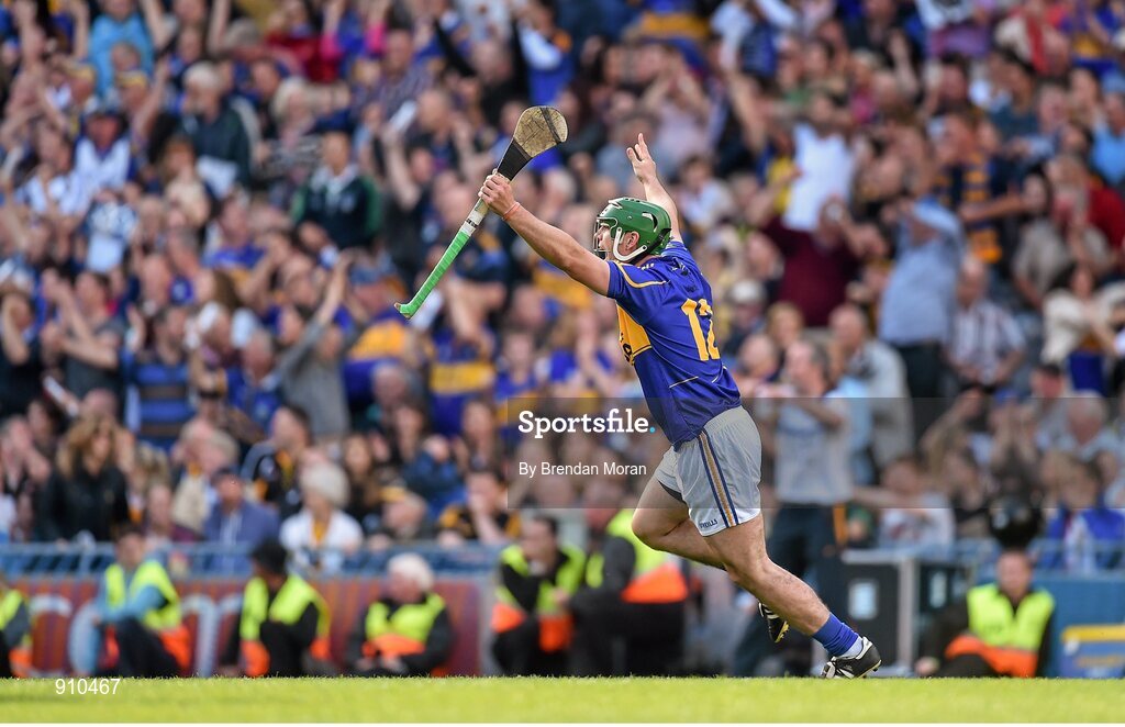 7 September 2014; John O'Dwyer, Tipperary, celebrates scoring a last minute free, which was subsequently rules to be wide by hawkeye, resulting in a drawn game. GAA Hurling All Ireland Senior Championship Final, Kilkenny v Tipperary. Croke Park, Dublin. Picture credit: Brendan Moran / SPORTSFILE