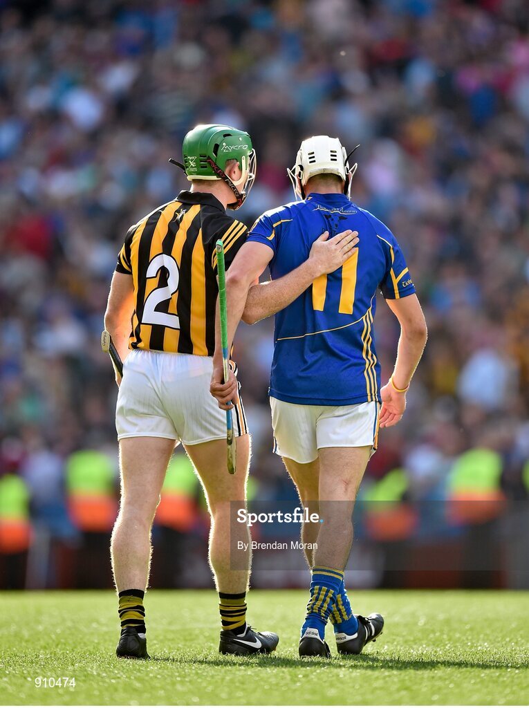 7 September 2014;  Kilkenny's Paul Murphy shakes hands with Tipperary's Patrick Maher leave the pitch after the match ended in a draw. GAA Hurling All Ireland Senior Championship Final, Kilkenny v Tipperary. Croke Park, Dublin. Picture credit: Brendan Moran / SPORTSFILE