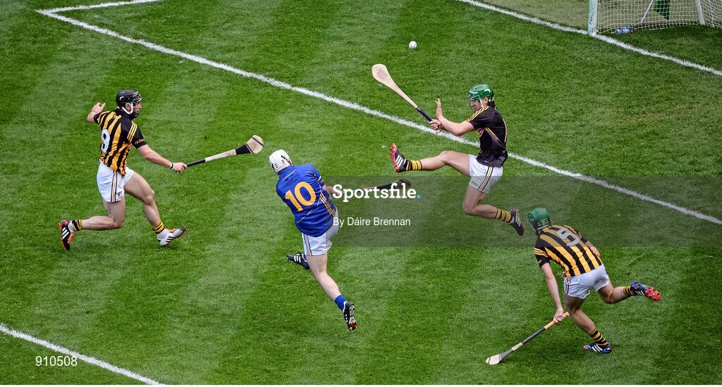 7 September 2014; Gearóid Ryan, Tipperary, sends his shot over the bar in the second half. GAA Hurling All Ireland Senior Championship Final, Kilkenny v Tipperary. Croke Park, Dublin. Picture credit: Dáire Brennan / SPORTSFILE