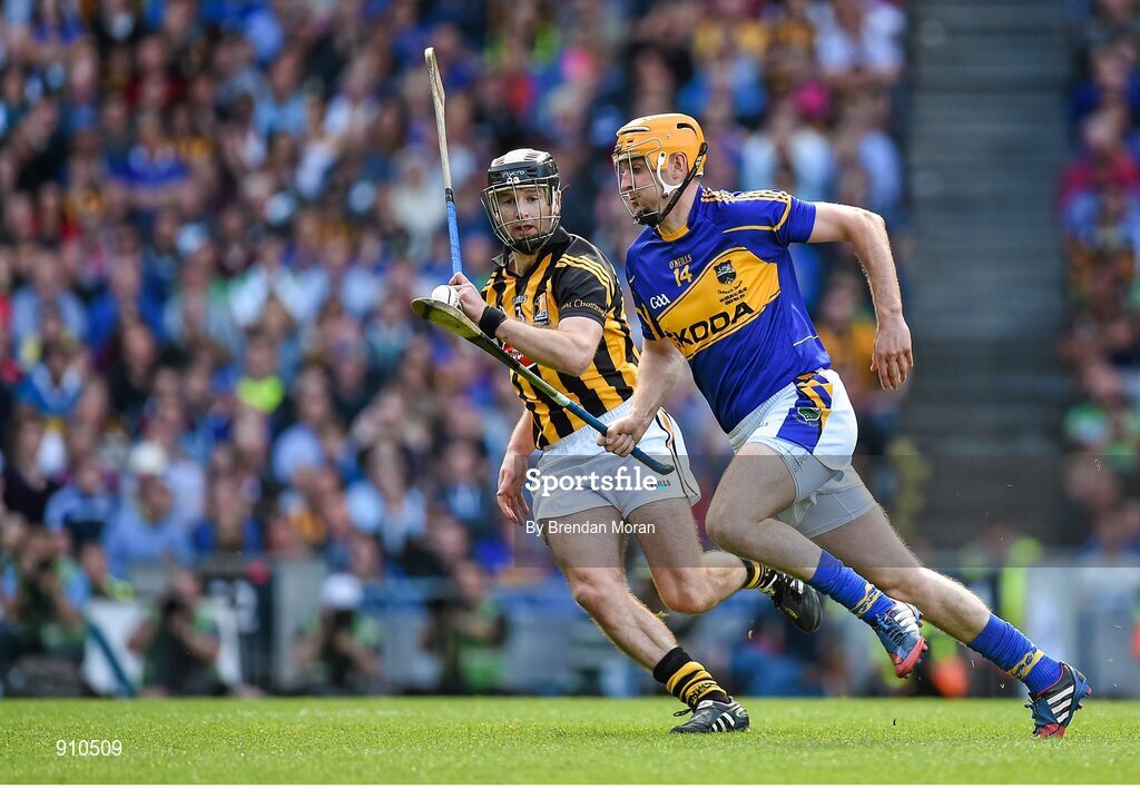 7 September 2014; Seamus Callanan, Tipperary, in action against JJ Delaney, Kilkenny. GAA Hurling All Ireland Senior Championship Final, Kilkenny v Tipperary. Croke Park, Dublin. Picture credit: Brendan Moran / SPORTSFILE