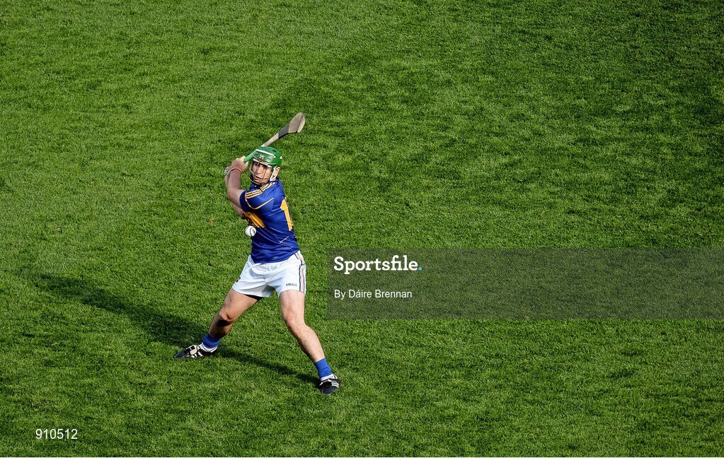 7 September 2014; John O'Dwyer, Tipperary, strikes a late free, which subsequently was ruled wide by 'hawkeye'. GAA Hurling All Ireland Senior Championship Final, Kilkenny v Tipperary. Croke Park, Dublin. Picture credit: Dáire Brennan / SPORTSFILE
