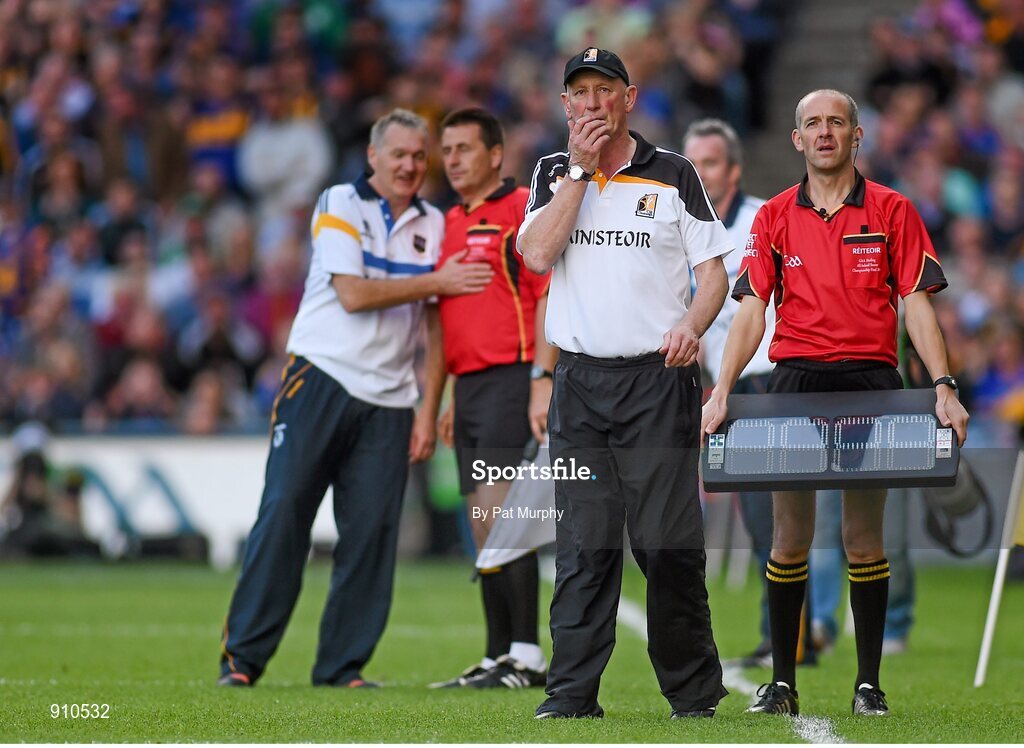 7 September 2014; Kilkenny manager Brian Cody awaits the decision of Hawkeye at the end of the game. GAA Hurling All Ireland Senior Championship Final, Kilkenny v Tipperary. Croke Park, Dublin. Picture credit: Pat Murphy / SPORTSFILE