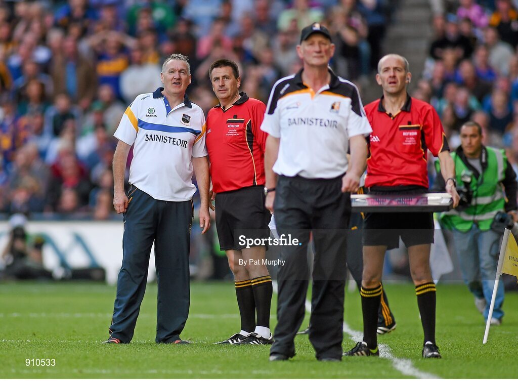 7 September 2014; Tipperary manager Eamon O'Shea awaits the decision of Hawkeye at the end of the game. GAA Hurling All Ireland Senior Championship Final, Kilkenny v Tipperary. Croke Park, Dublin. Picture credit: Pat Murphy / SPORTSFILE