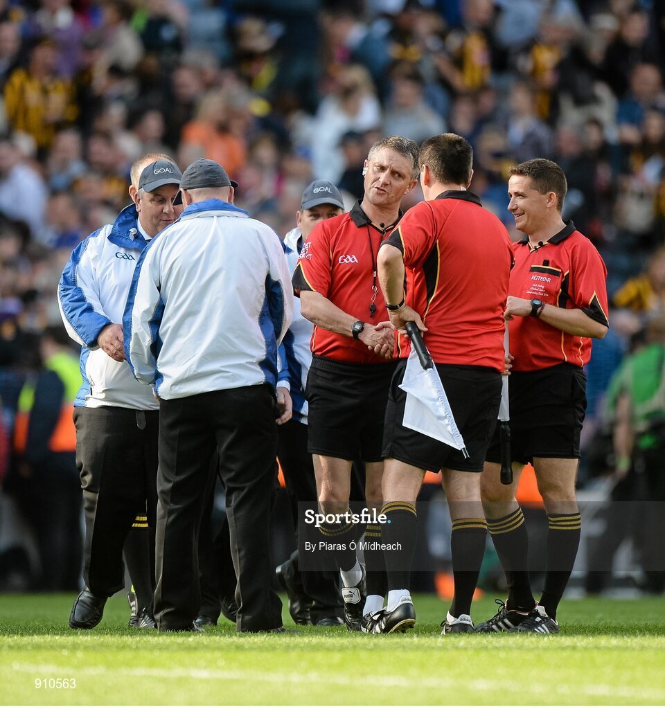 7 September 2014; Referee Barry Kelly in conversation with his officials after the game. GAA Hurling All Ireland Senior Championship Final, Kilkenny v Tipperary. Croke Park, Dublin. Picture credit: Piaras Ó Mídheach / SPORTSFILE