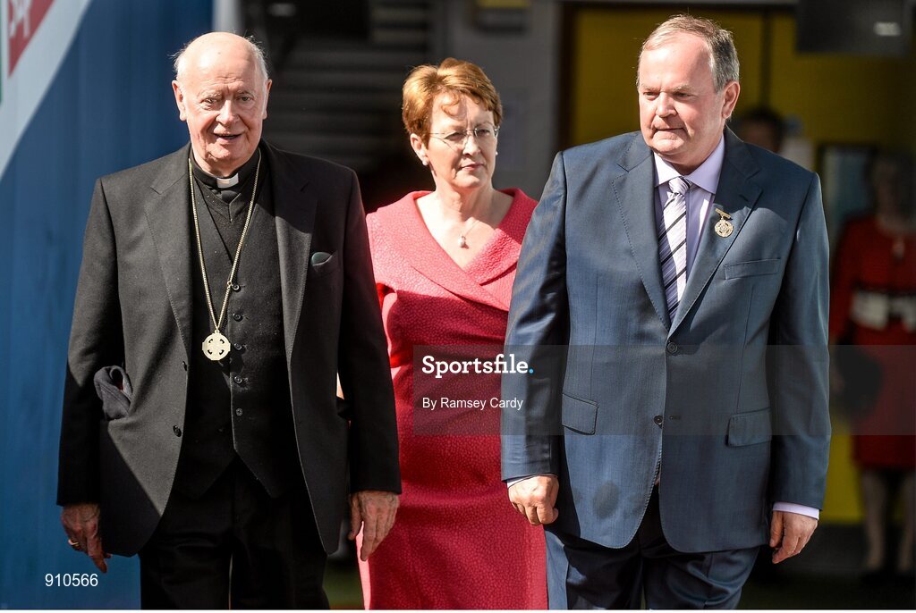 7 September 2014; Uachtarán Chumann Lútchleas Liam O'Neill, right, arrives alongside GAA patron Archbishop Dermot Clifford and wife Aine. GAA Hurling All Ireland Senior Championship Final, Kilkenny v Tipperary. Croke Park, Dublin. Picture credit: Ramsey Cardy / SPORTSFILE