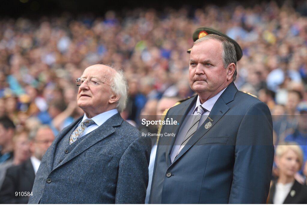 7 September 2014; President of Ireland Michael D. Higgins and Uachtarán Chumann Lúthchleas Gael Liam Ó Néill before the game. GAA Hurling All Ireland Senior Championship Final, Kilkenny v Tipperary. Croke Park, Dublin. Picture credit: Ramsey Cardy / SPORTSFILE
