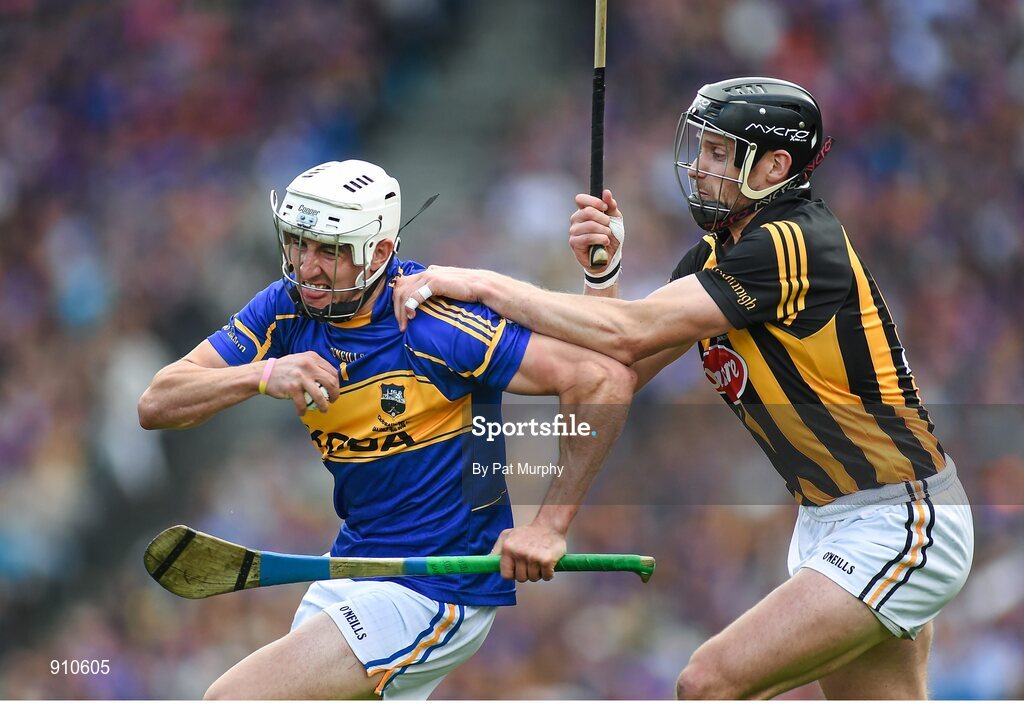 7 September 2014; Patrick Maher, Tipperary, in action against Jackie Tyrrell, Kilkenny. GAA Hurling All Ireland Senior Championship Final, Kilkenny v Tipperary. Croke Park, Dublin. Picture credit: Pat Murphy / SPORTSFILE