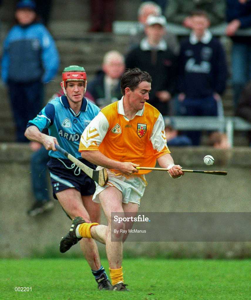 11 May 1997; Alistair Elliot of Antrim in action against John Finnegan of Dublin during the National Hurling League Division 2 match between Dublin and Antrim at Parnell Park in Dublin. Photo by Ray McManus/Sportsfile