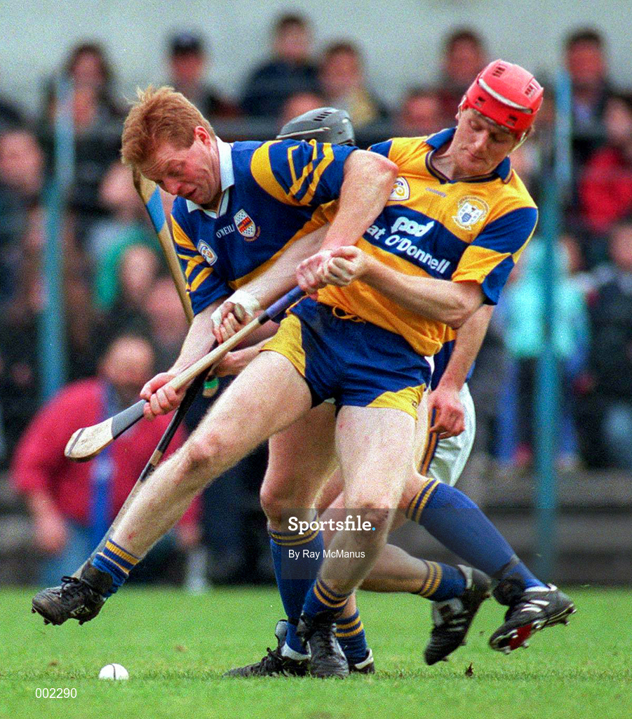 10 May 1997; Brian Lohan of Clare in action against Declan Ryan of Tipperary during the National Hurling League Division 1 match between Clare and Tipperary at Cusack Park in Ennis. Photo by Ray McManus/Sportsfile