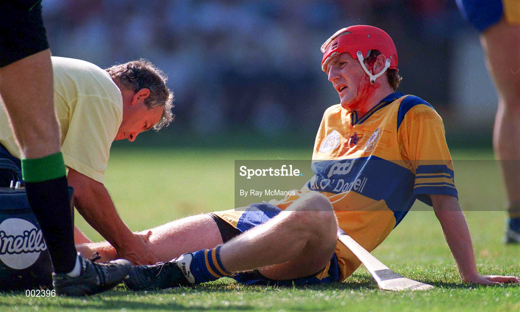 3 September 1995; Brian Lohan of Clare is treated for an injury by physio Colm Flynn during the All-Ireland Senior Hurling Championship Final between Clare and Offaly at Croke Park in Dublin. Photo by Ray McManus/Sportsfile
