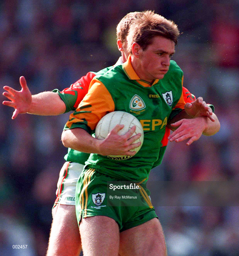 15 September 1996; Darren Fay of Meath is tackled by Ray Dempsey of Mayo during the GAA All-Ireland Senior Football Championship Final between Meath and Mayo at Croke Park in Dublin. Photo by Ray McManus/Sportsfile