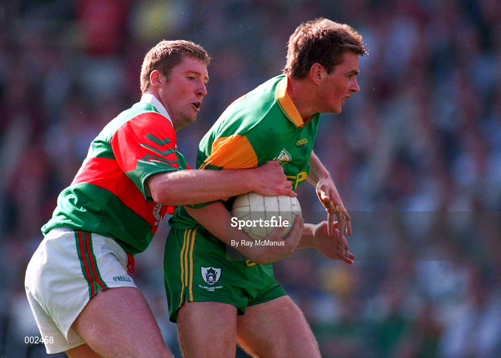 15 September 1996; Darren Fay of Meath is tackled by Ray Dempsey of Mayo during the GAA All-Ireland Senior Football Championship Final between Meath and Mayo at Croke Park in Dublin. Photo by Ray McManus/Sportsfile