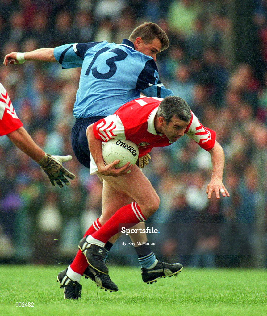 30 June 1996; David Reilly of Louth in action against Charlie Redmond of Dublin during the Leinster Senior Football Championship Semi-Final between Dublin and Louth in Pairc Tailteann in Navan, Meath. Photo by Ray McManus/Sportsfile