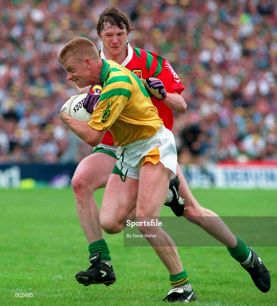 24 July 1994; Declan Darcy of Leitrim is tackled by Pat Fallon of Mayo during the Connacht GAA Football Senior Championship Final match between Leitrim and Mayo at Dr Hyde Park in Roscommon. Photo by David Maher/Sportsfile