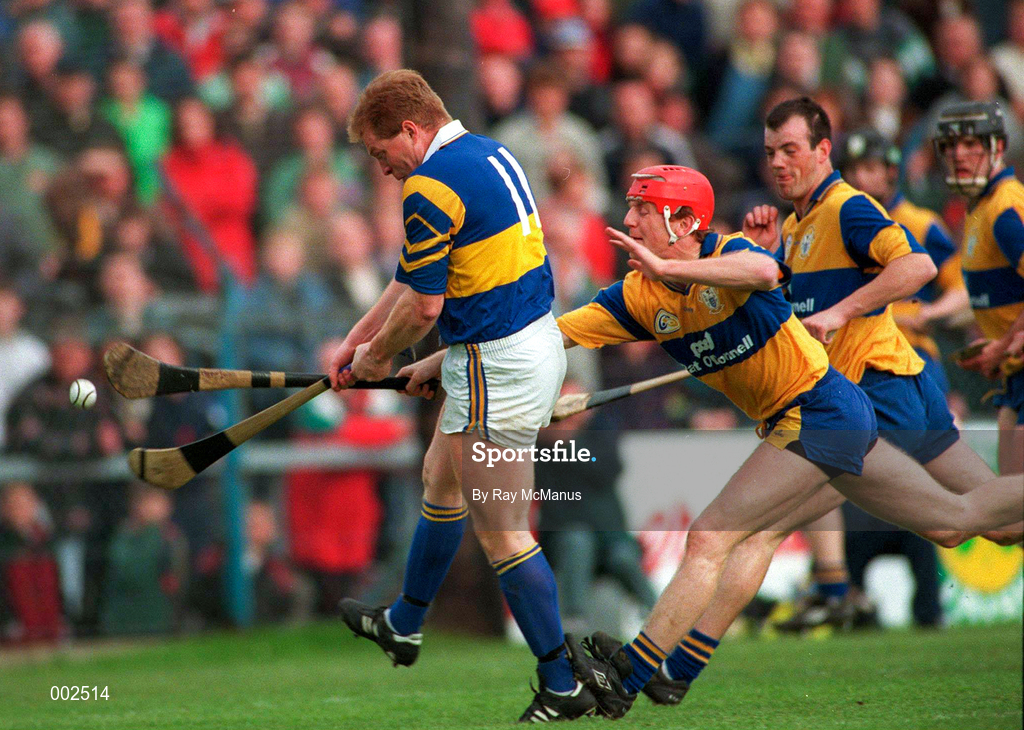 10 May 1997; Declan Ryan of Tipperary in action against Brian Lohan of Clare during the National Hurling League Division 1 match between Clare and Tipperary at Cusack Park in Ennis. Photo by Ray McManus/Sportsfile
