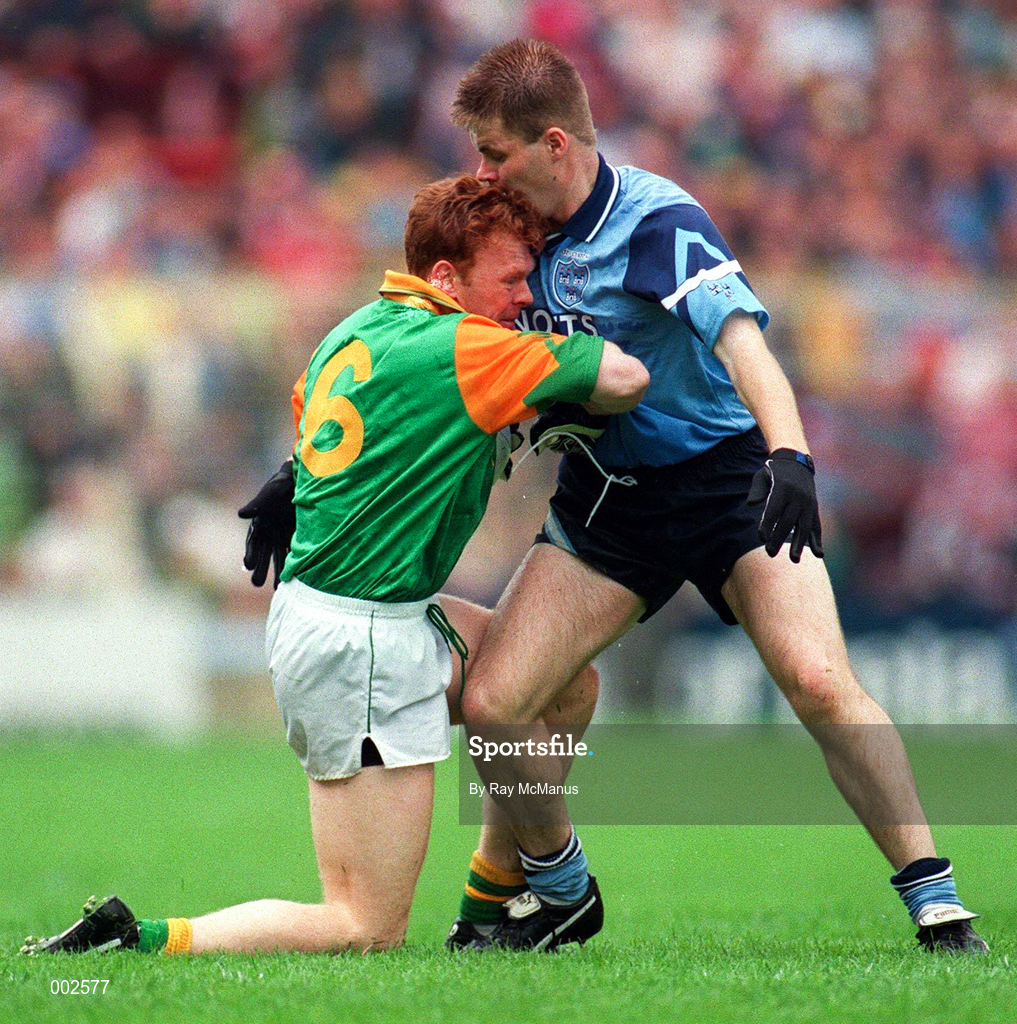 28 July 1996; Enda McManus of Meath is tackled by Dessie Farrell of Dublin during the Leinster Senior Football Championship Final between Dublin and Meath in Croke Park, Dublin. Photo by Ray McManus/Sportsfile
