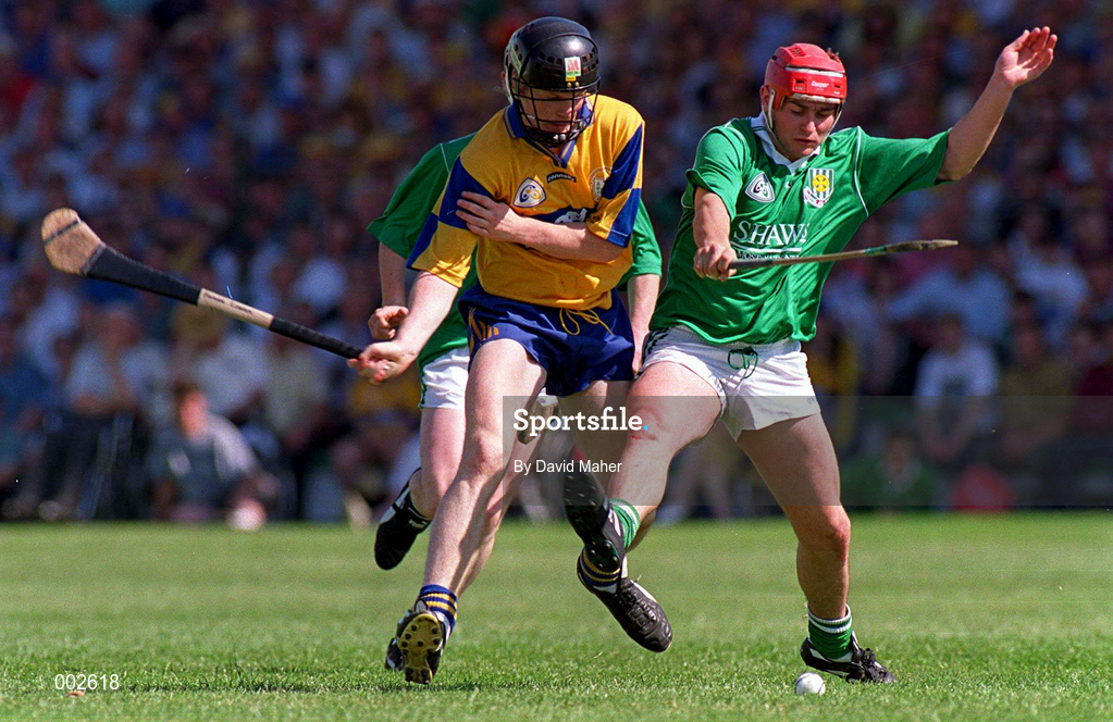 16 June 1996; Frank Lohan of Clare in action against TJ Ryan of Limerick during the Munster GAA Hurling Senior Championship Semi-Final match between Limerick and Clare at Gaelic Grounds in Limerick. Photo by David Maher/Sportsfile