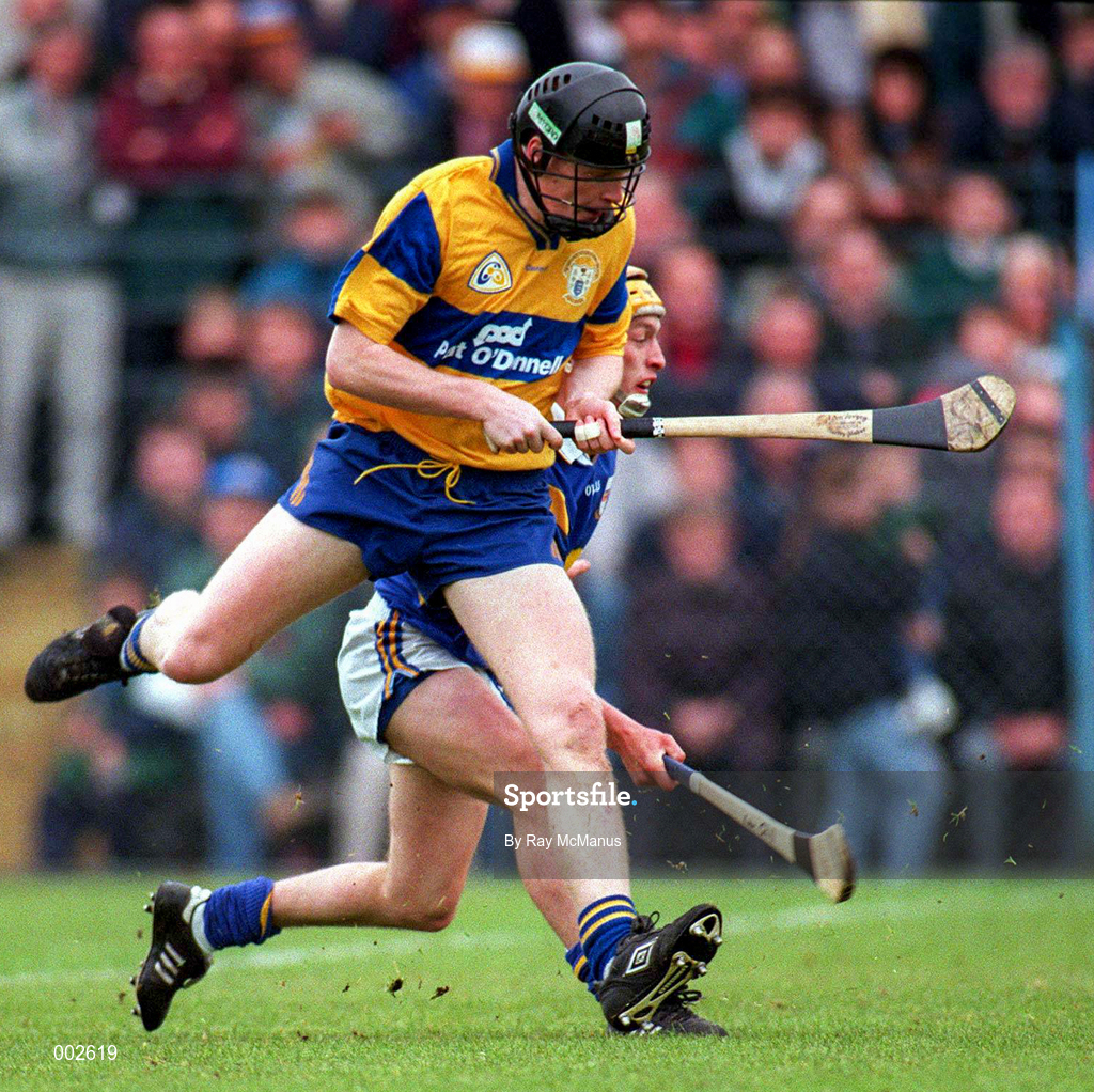 10 May 1997; Frank Lohan of Clare in action against Liam Cahill of Tipperary during the National Hurling League Division 1 match between Clare and Tipperary at Cusack Park in Ennis. Photo by Ray McManus/Sportsfile