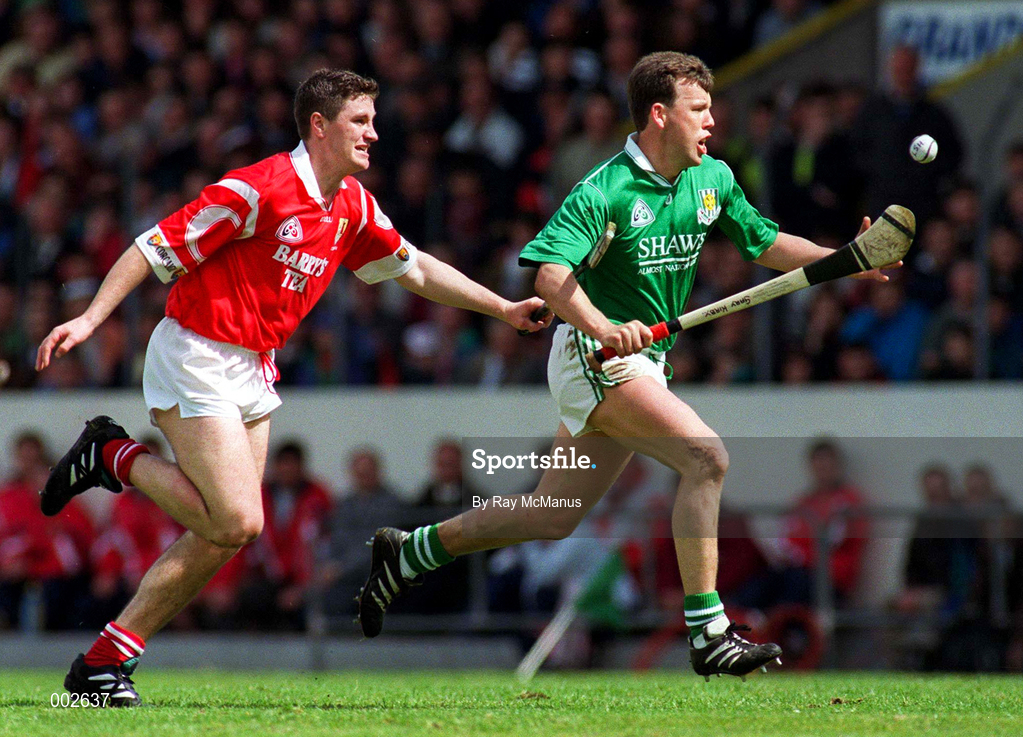 25 May 1996; Gary Kirby of Limerick in action against Fergal McCormack of Cork during the Munster Senior Hurling Championship Quarter-Final between Cork and Limerick at Pairc Ui Chaoimh in Cork. Photo by Ray McManus/Sportsfile