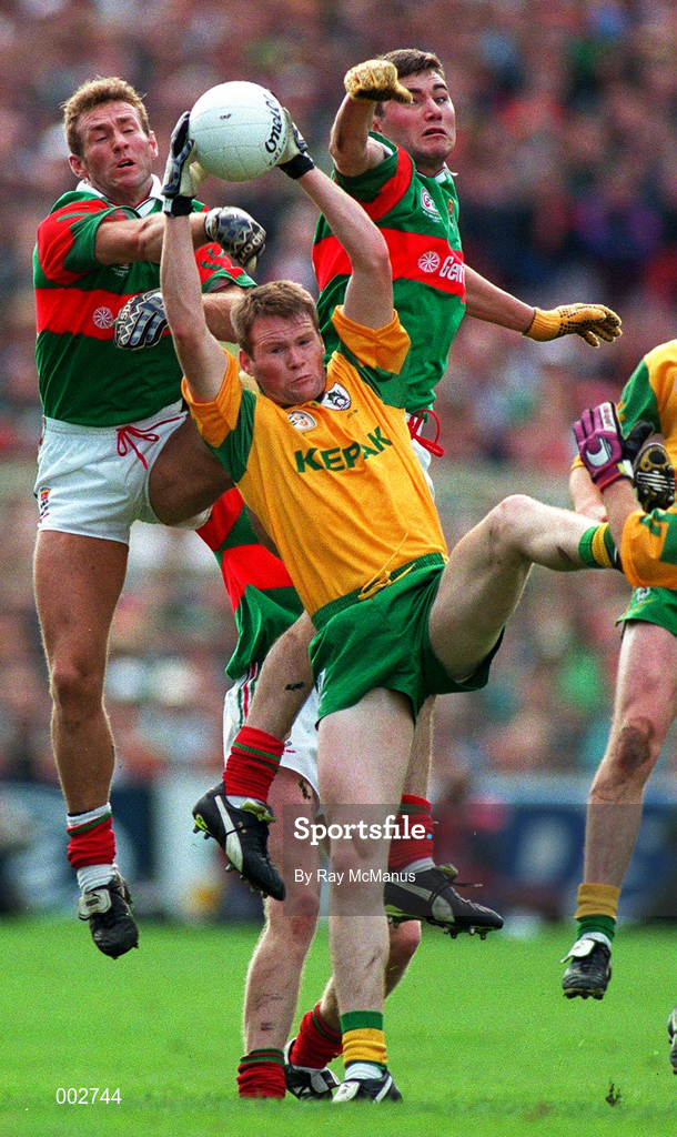 15 September 1996; Jim McGuinness of Meath in action against Colm McMenamon, left, and James Horan of Mayo during the GAA All-Ireland Senior Football Championship Final between Meath and Mayo at Croke Park in Dublin. Photo by Ray McManus/Sportsfile