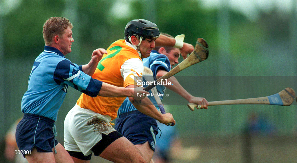 11 May 1997; John Carson of Antrim in action against Ruairi Boland, left, and Barry O'Sullivan of Dublin during the National Hurling League Division 2 match between Dublin and Antrim at Parnell Park in Dublin. Photo by Ray McManus/Sportsfile