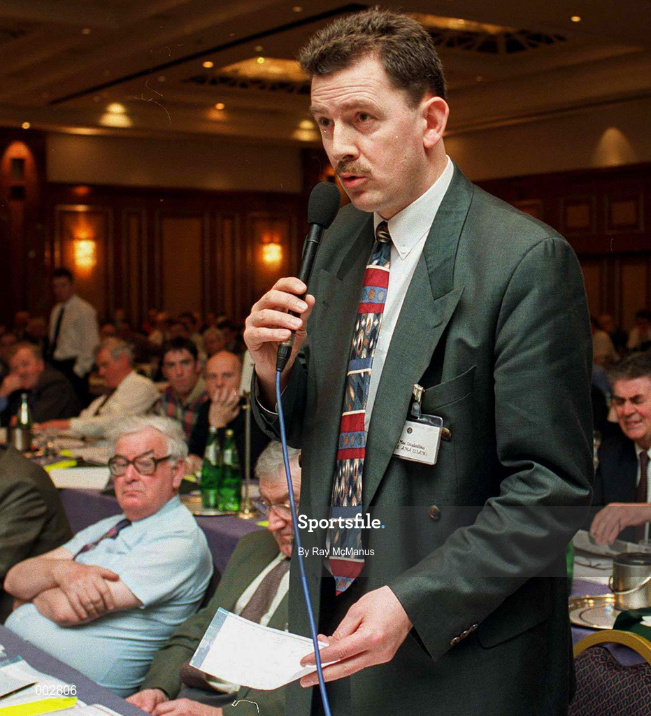 6 April 1996; Dublin County Board official John Costello speaking during the GAA Annual Congress 1996 at London in England. Photo by Ray McManus/Sportsfile