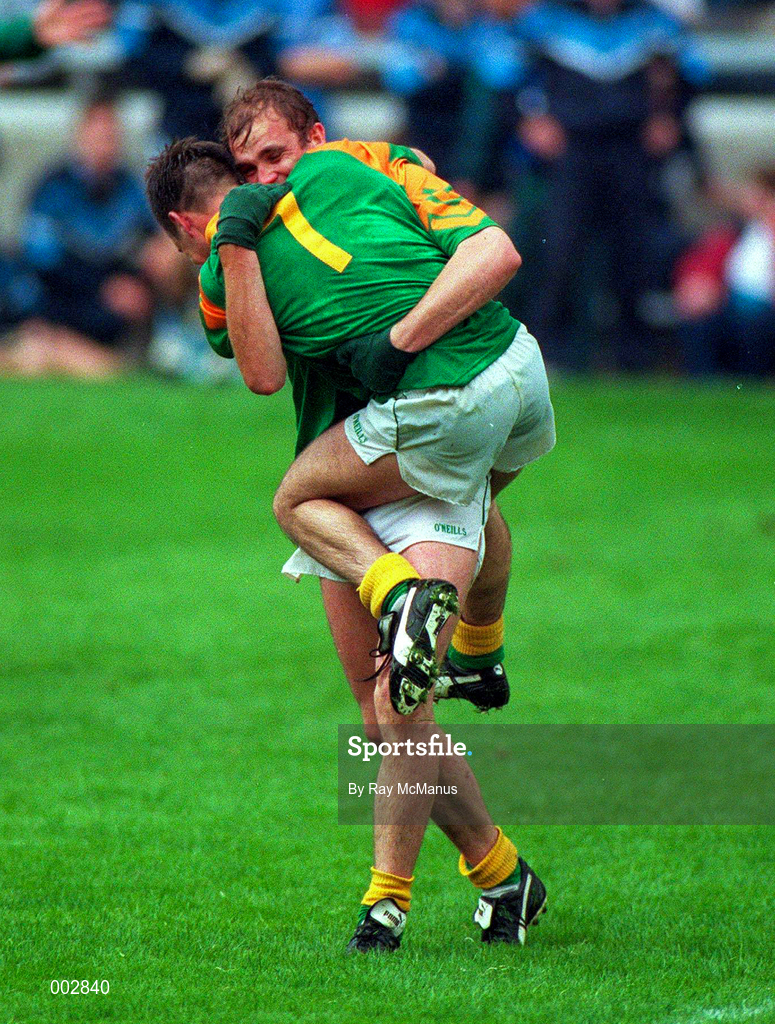 16 August 1997; John McDermott of Meath celebrates with team-mate Paddy Reynolds following the Leinster GAA Senior Football Championship Final between Offaly and Meath at Croke Park in Dublin. Photo by Ray McManus/Sportsfile