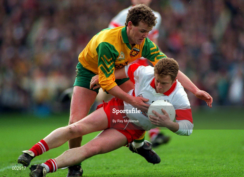 5 May 1996; Kieran McKeever of Derry in action against Tony Boyle of Donegal during the Church & General National Football League Final between Derry and Donegal at Croke Park in Dublin. Photo by Ray McManus/Sportsfile