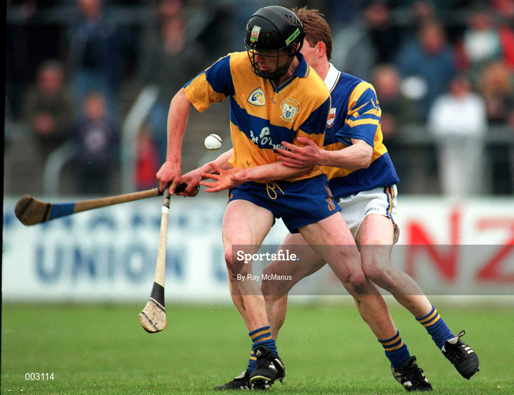10 May 1997; Niall Gilligan of Clare in action against George Frend of Tipperary during the National Hurling League Division 1 match between Clare and Tipperary at Cusack Park in Ennis. Photo by Ray McManus/Sportsfile