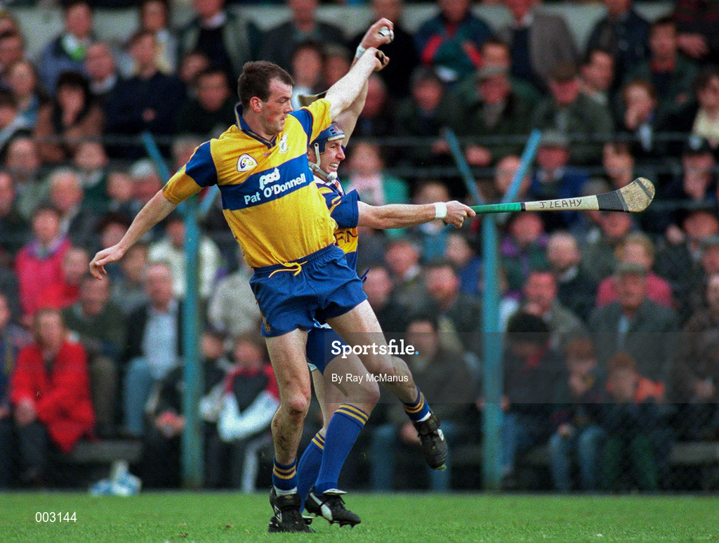 10 May 1997; Ollie Baker of Clare in action against John Leahy of Tipperary during the National Hurling League Division 1 match between Clare and Tipperary at Cusack Park in Ennis. Photo by Ray McManus/Sportsfile