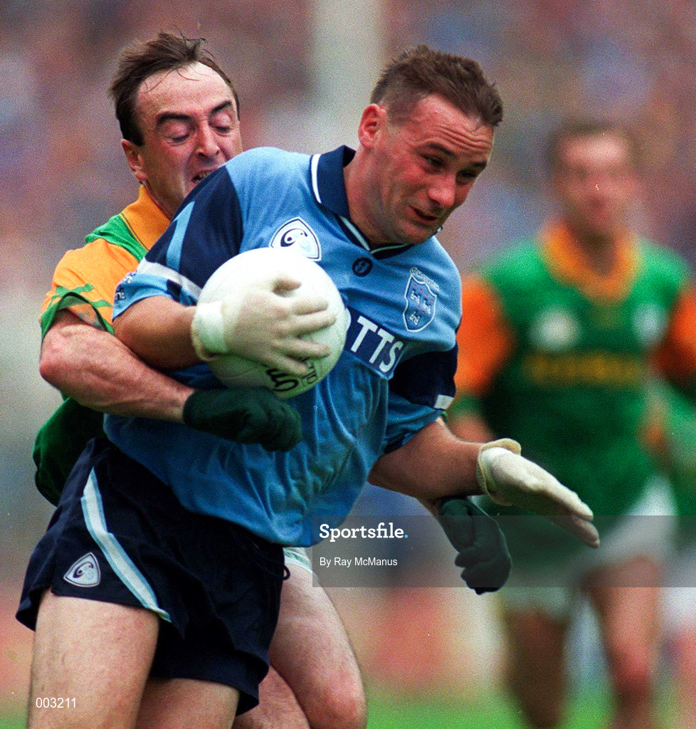 28 July 1996; Paul Curran of Dublin is tackled by Colm Coyle of Meath during the Leinster Senior Football Championship Final between Dublin and Meath in Croke Park, Dublin. Photo by Ray McManus/Sportsfile