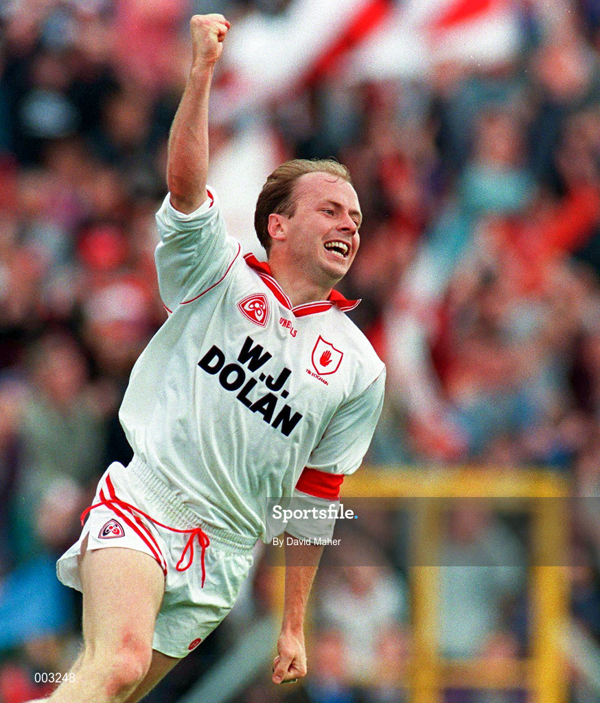30 June 1996; Peter Canavan of Tyrone celebrates after scoring his side's first goal during the Ulster Senior Football Championship Semi-Final between Tyrone and Derry at St. Tiernach's Park in Clones. Photo by David Maher/Sportsfile