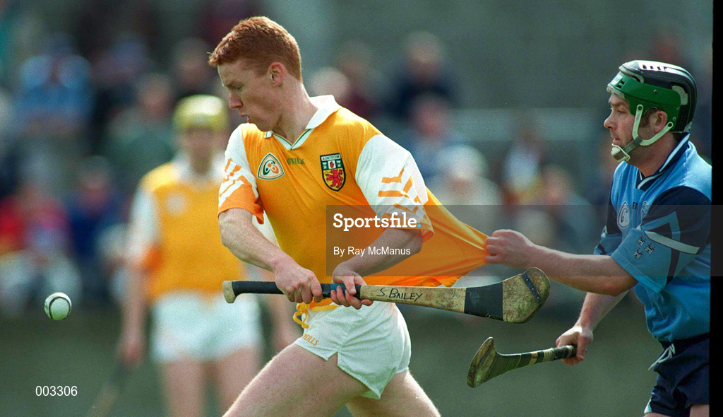 11 May 1997; Sean Bailie of Antrim in action against Damien Hernon of Dublin during the National Hurling League Division 2 match between Dublin and Antrim at Parnell Park in Dublin. Photo by Ray McManus/Sportsfile