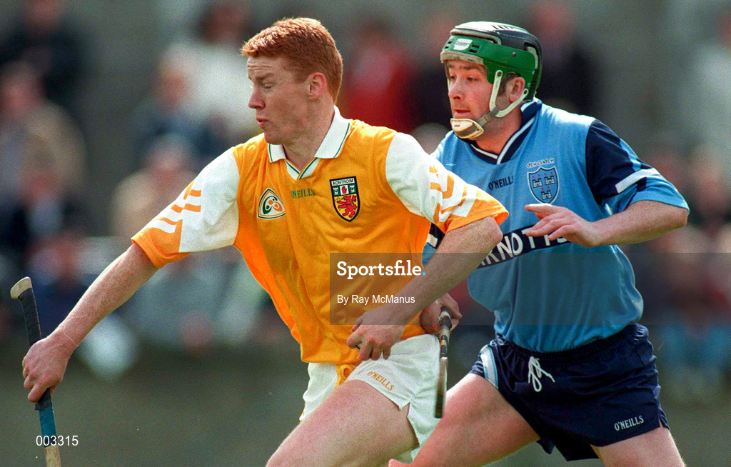 11 May 1997; Sean Bailie of Antrim in action against Damien Hernon of Dublin during the National Hurling League Division 2 match between Dublin and Antrim at Parnell Park in Dublin. Photo by Ray McManus/Sportsfile