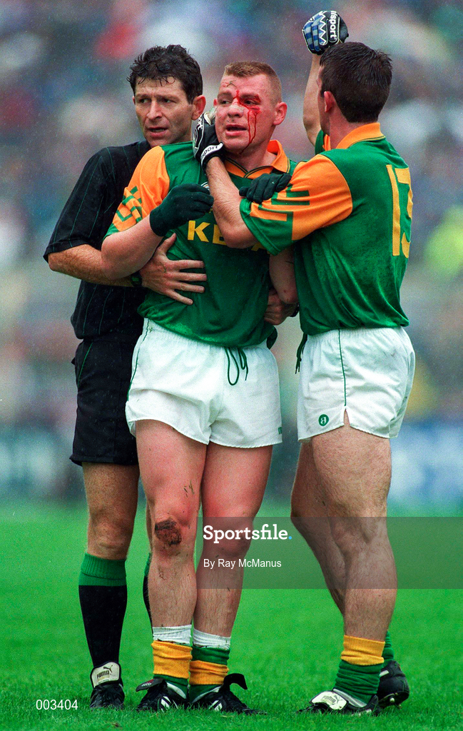 28 July 1996; Tommy Dowd, centre, and Evan Kelly of Meath with referee Brian White during the Leinster Senior Football Championship Final between Dublin and Meath in Croke Park, Dublin. Photo by Ray McManus/Sportsfile