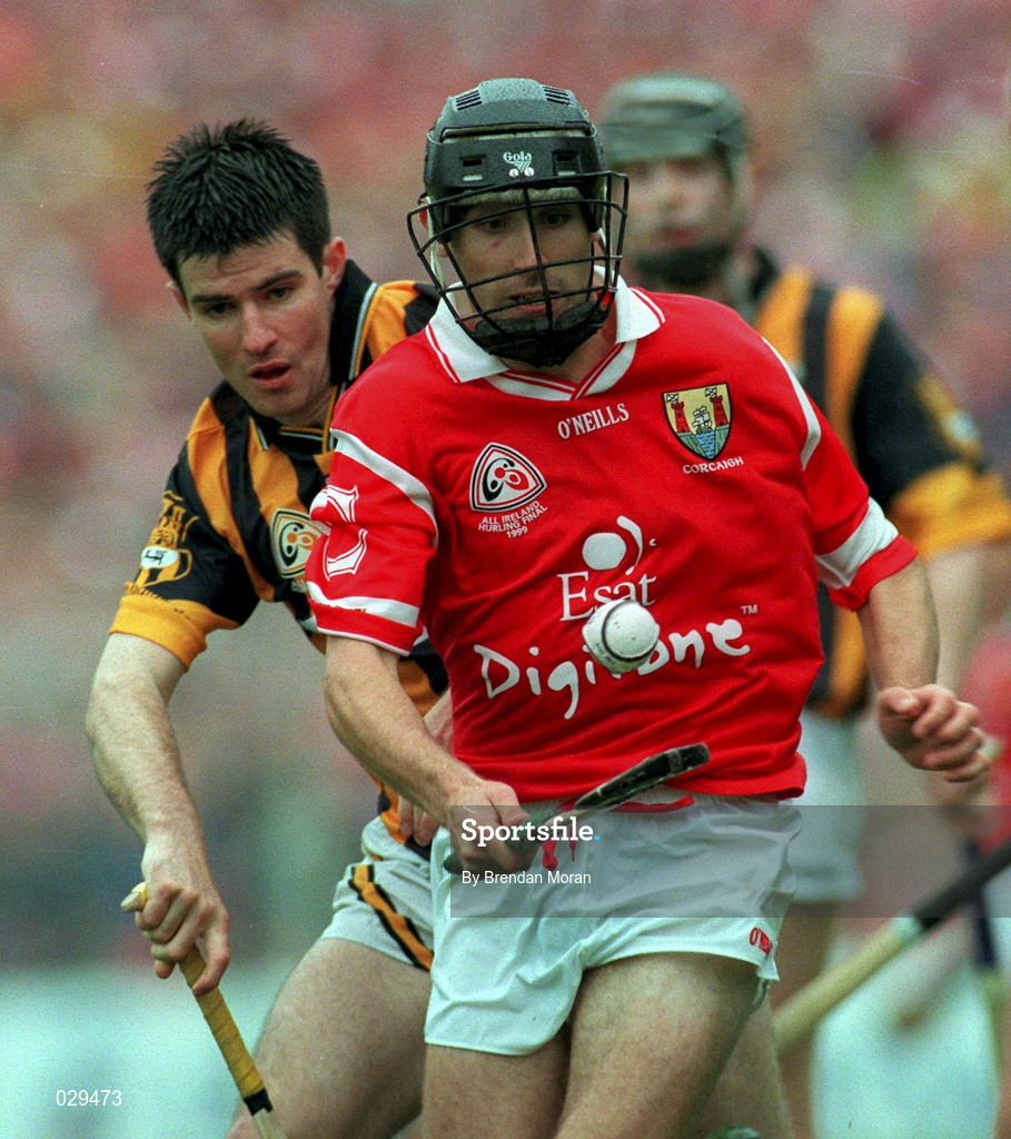 12 September 1999; Ben O'Connor of Cork in action against Philip Larkin of Kilkenny during the Guinness All-Ireland Senior Hurling Championship Final between Cork and Kilkenny at Croke Park in Dublin. Photo by Brendan Moran/Sportsfile