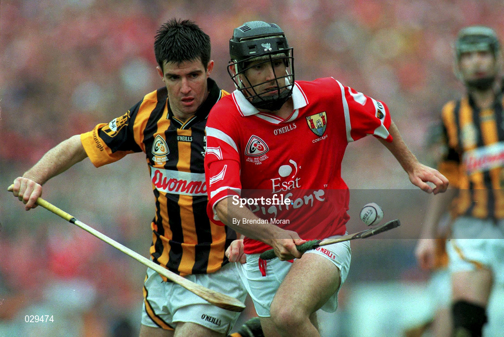 12 September 1999; Ben O'Connor of Cork in action against Philip Larkin of Kilkenny during the Guinness All-Ireland Senior Hurling Championship Final between Cork and Kilkenny at Croke Park in Dublin. Photo by Brendan Moran/Sportsfile