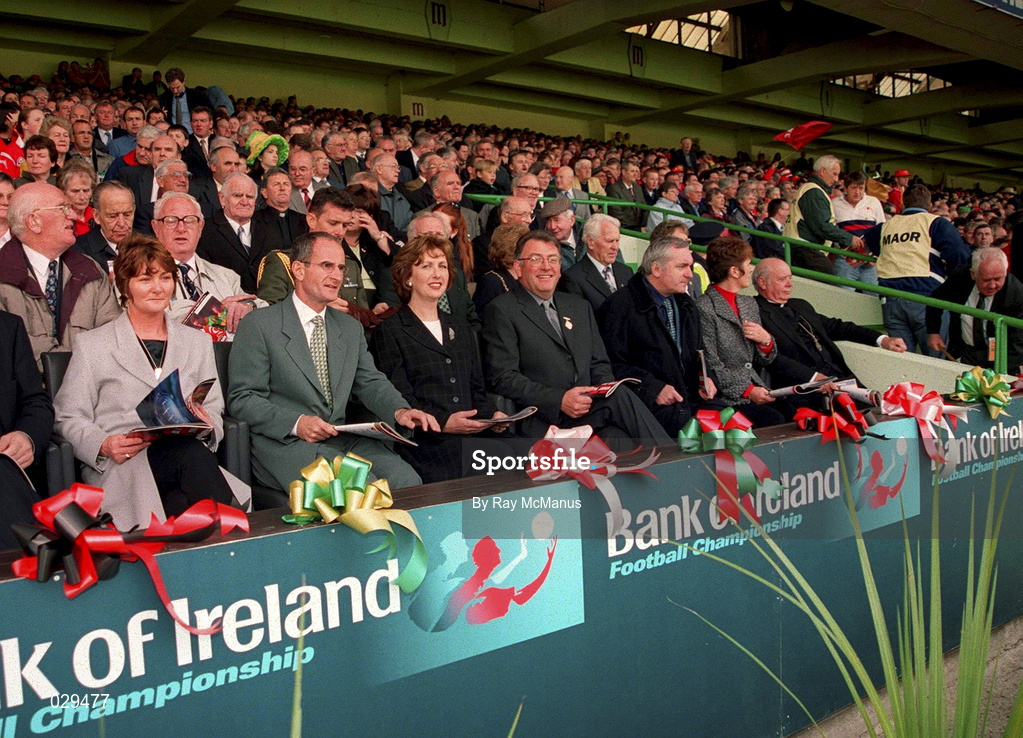 26 September 1999; President of Ireland Mary McAleese and husband Martin, President of the GAA Joe McDonagh and An Taoiseach Bertie Ahern, TD, prior to the Bank of Ireland All-Ireland Senior Football Championship Final match between Meath and Cork at Croke Park in Dublin. Photo by Ray McManus/Sportsfile