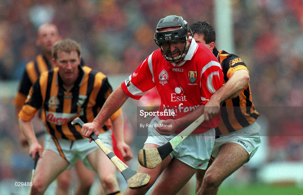 12 September 1999; Brian Corcoran of Cork in action against Ken O'Shea of Kilkenny during the Guinness All-Ireland Senior Hurling Championship Final between Cork and Kilkenny at Croke Park in Dublin. Photo by Ray McManus/Sportsfile