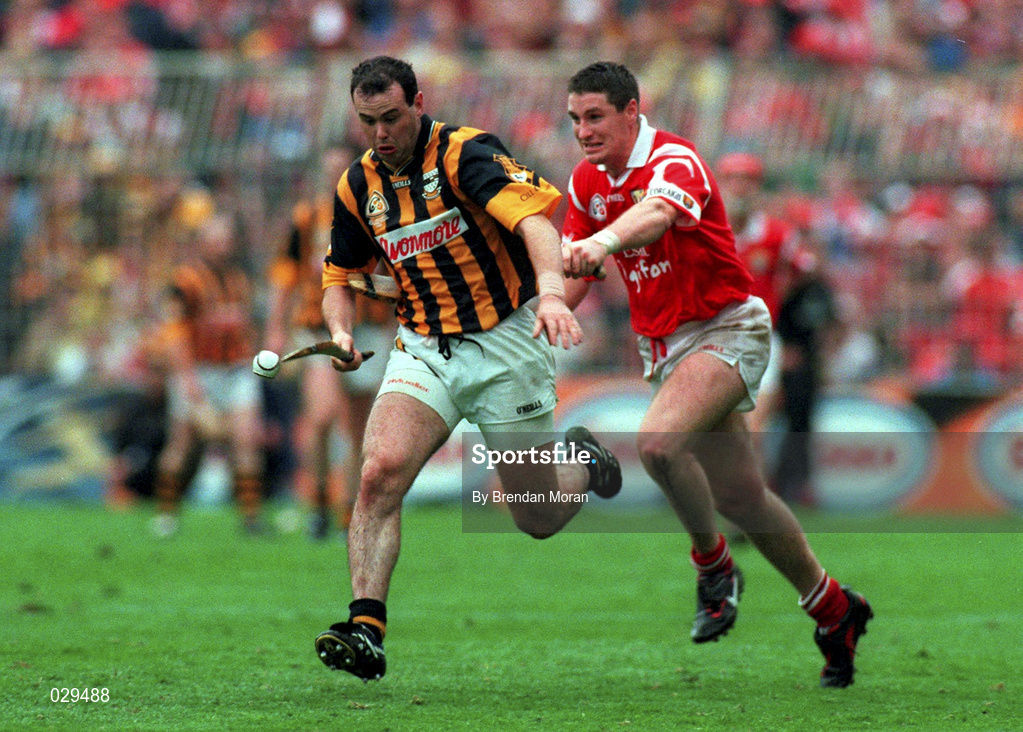 12 September 1999; Brian McEvoy of Kilkenny in action against Fergal McCormack of Cork during the Guinness All-Ireland Senior Hurling Championship Final between Cork and Kilkenny at Croke Park in Dublin. Photo by Brendan Moran/Sportsfile